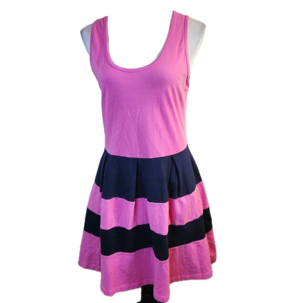 Duffield Lane Womens The Pique Ludington Dress Sz Large Pink & Navy Blue‎ Barbie